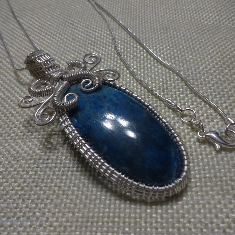 Gorgeous "BLUE DENDRITE OPAL" Handmade Silver Wire-Wrapped Pendant/Chain #366B